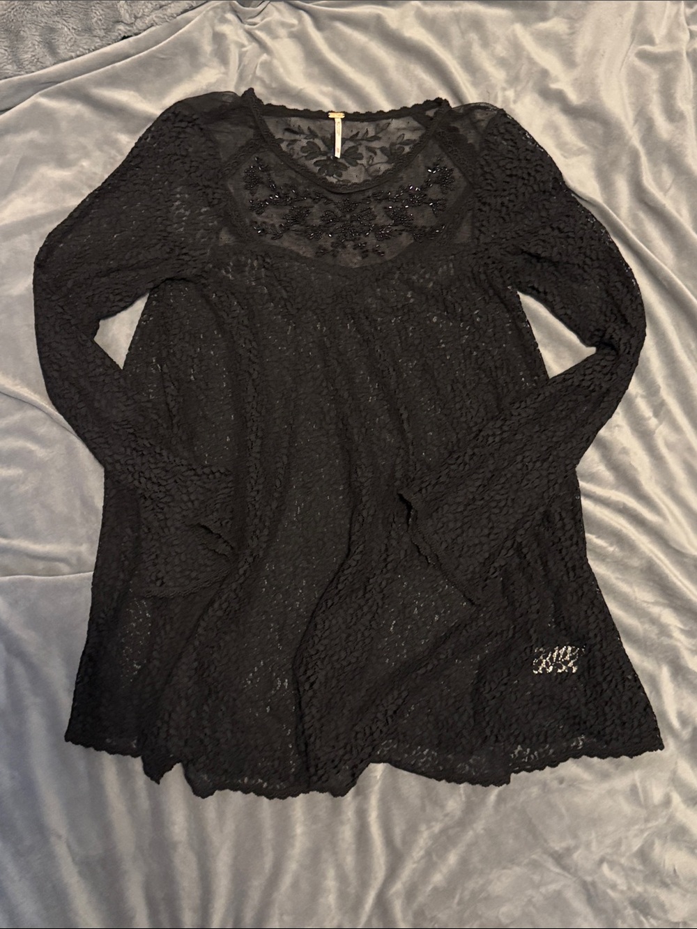 Free People Black Lace Long-Sleeve Top with Beaded Yoke